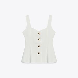 Zara Cream Oyster White Gold Buttons Stretch Peplum Top Shirt Knit sculpt fabric